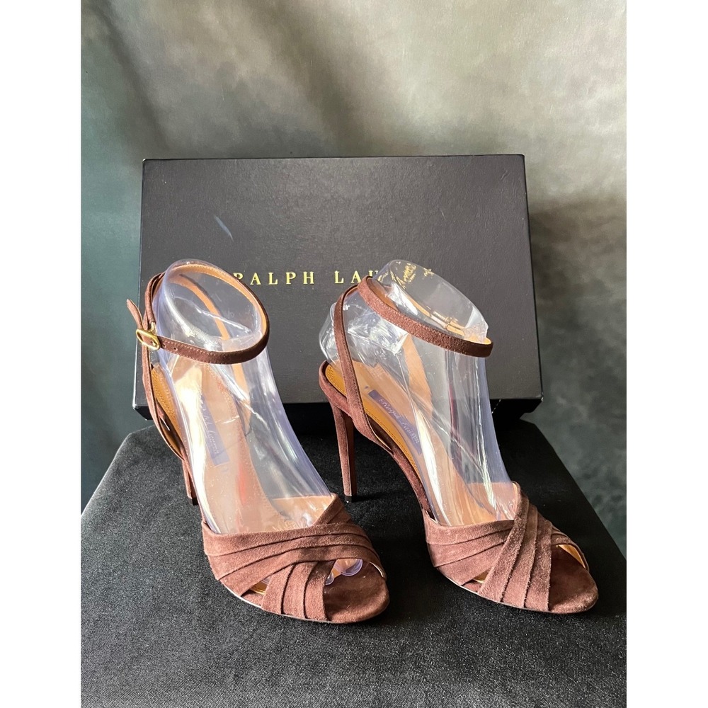 Ralph Lauren Purple Label Brown Suede Criss Cross Ankle‎ Strap Heels Size 38B